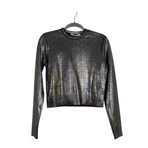 Zara Womens Silver Metallic Sheer Laser Cut Cropped Long Sleeve Top Sz Small NWT